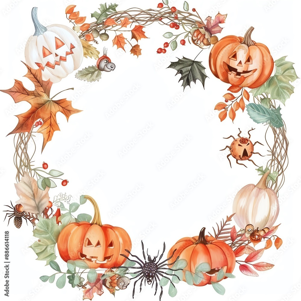 Fototapeta premium Vintage Halloween wreath, autumn elements, white background, Watercolor style