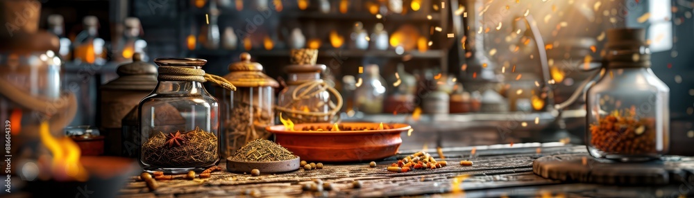 A rustic apothecary scene with glass bottles, dried herbs, and warm lighting, evoking a vintage, old-world charm and natural healing ambiance. A rustic apothecary scene with glass bottles, dried herbs, and warm lighting, evoking a vintage, old-world charm and natural healing ambiance.