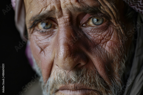 Close-up portrait of a middle aged man of Middle Eastern descent, studio photo, against a sleek gray studio backdrop © La Neve
