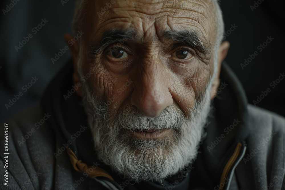 Close-up portrait of a middle aged man of Middle Eastern descent, studio photo, against a sleek gray studio backdrop