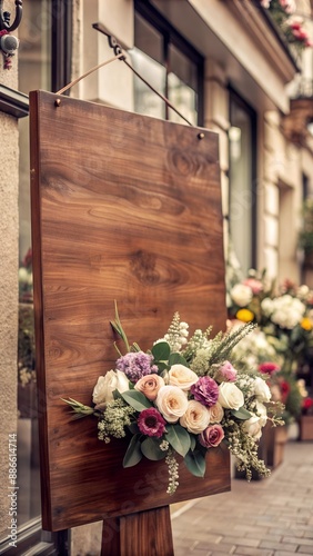 Wooden sign with flowers for sale outside a flower shop photo