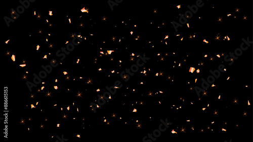 Celebration background template Falling shiny with confetti Colorful ribbons. Black background with glowing golden particles.Golden luxury glitter background with confetti for celebration.