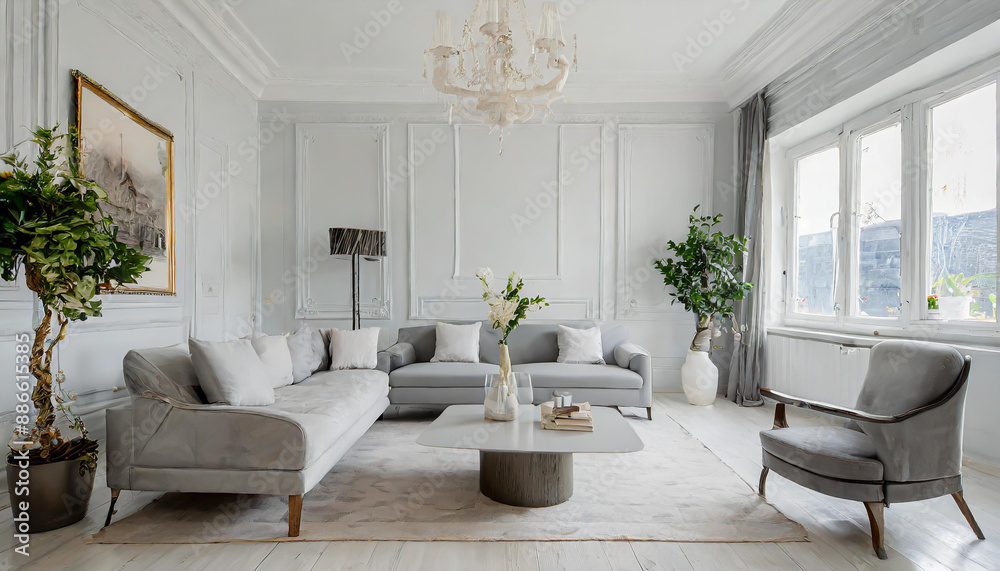 Wooden coffee table and lounge chair near gray sofa against wall. Scandinavian home interior design of modern living room. Wooden coffee table and lounge chair near gray sofa against wall. Scandinavian home interior design of modern living room.