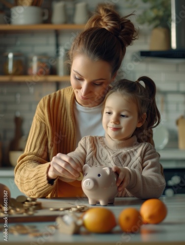 A mother-daughter duo filling up a piggy bank, teaching financial literacy to the young one