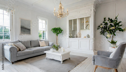 Wooden coffee table and lounge chair near gray sofa against wall. Scandinavian home interior design of modern living room.