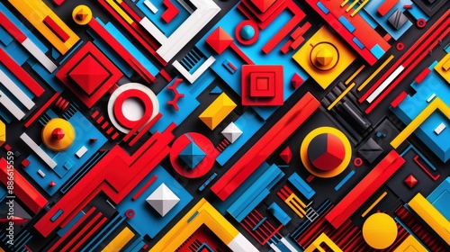 Vibrant 3D geometric abstract background with multicolored shapes in red, blue, yellow, and black. Perfect for digital, tech, and design projects.