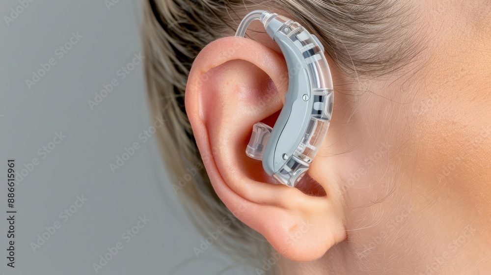 Fototapeta premium Person using hearing aid, advanced audio processing, sleek modern background