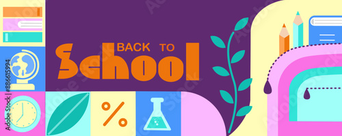 Abstract geometric school horizontal banner. Back to school advertising poster with school supplies . Vector illustration