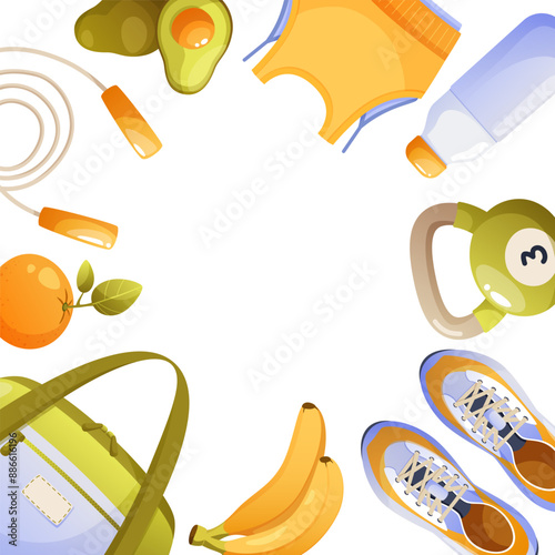 Frame of sports equipment, sportswear, weights, dumbbells, fruits, water bottle and avocado. Weight loss, diet, healthy lifestyle, proper nutrition, fitness, sports. Sports lifestyle theme