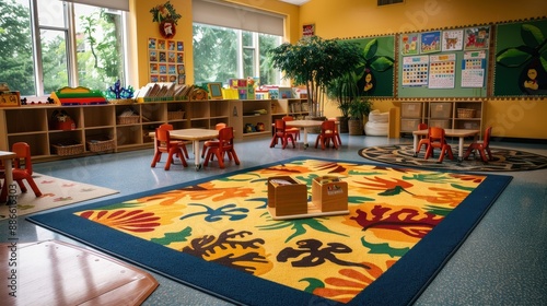 A brightly colored, cozy classroom with small desks and chairs, educational materials, and a vibrant rug, ideal for young learners. photo