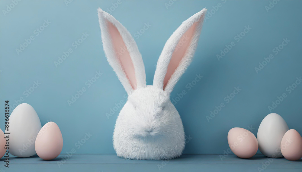 White rabbit ear on pastel blue background. Easter day. 3d rendering White rabbit ear on pastel blue background. Easter day. 3d rendering