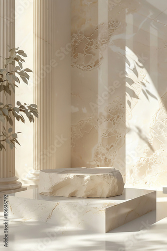 Smooth alabaster stone podium for product presentation on an elegant, classical-themed background with marble columns