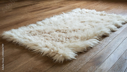 White shaggy carpet on brown wooden floor