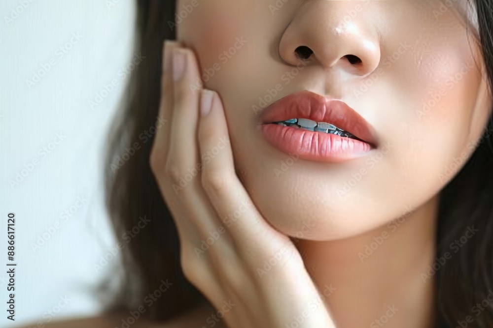 Obraz premium A young lady suffering toothache holding her painful jaw.