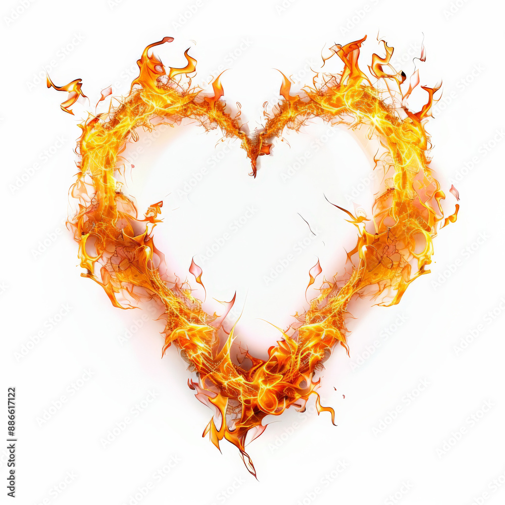 A heart-shaped fire frame with dynamic flames dancing along the outline, isolated on white background. A heart-shaped fire frame with dynamic flames dancing along the outline, isolated on white background.