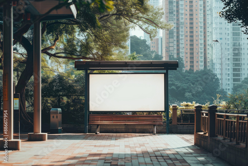 Empty mockup billboard or white banner on a bus station in asian style on big city background