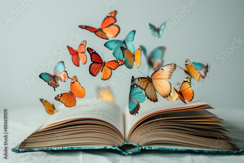 An open old book with vibrant butterflies fluttering above symbolizes the transformative power of knowledge and the endless possibilities that emerge from the pages of wisdom.
