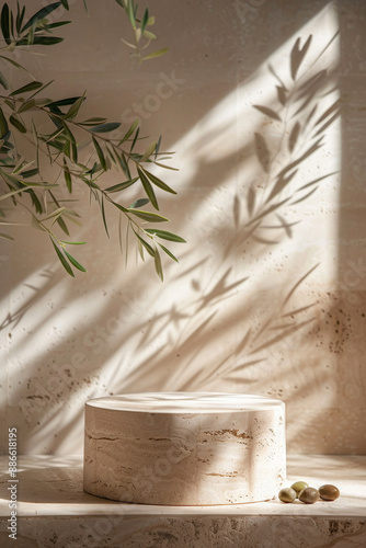 Smooth travertine stone podium for product presentation on a Mediterranean-themed background with olive branches photo