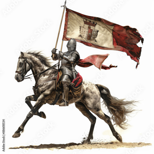 A chivalrous knight in steel armor, mounted on a rearing horse, holding a banner high, isolated on white background.