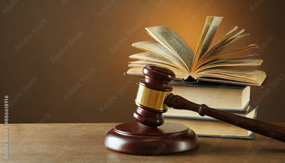 Wooden gavel and books on wooden table, law concept Wooden gavel and books on wooden table, law concept