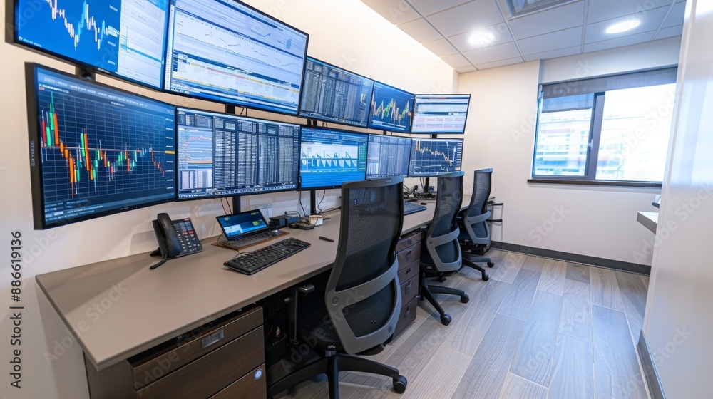 A luxury look of Forex trading room with multiple screen on the wall. A luxury look of Forex trading room with multiple screen on the wall.