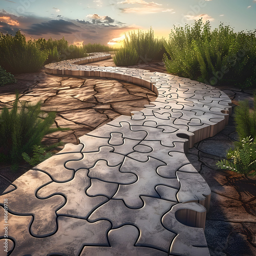 Creative landscape featuring winding puzzle piece path through green vegetation with dramatic sunset in the background, symbolizing solutions and journey photo