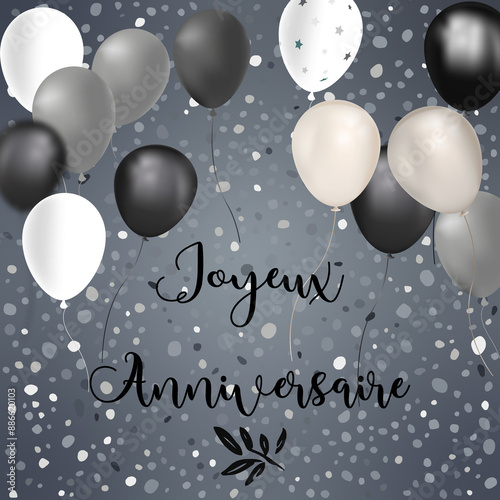 carte ou bandeau pour souhaiter un joyeux anniversaire en noir sur un fond gris avec des ronds et des ballons de couleurs gris noir et blanc photo