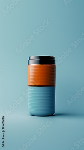 A blue and orange coffee cup with a black handle sits on a blue background