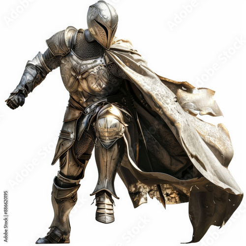 An armored knight in a dramatic pose, with a flowing cape and a shining helmet, isolated on white background. © wolfhound911