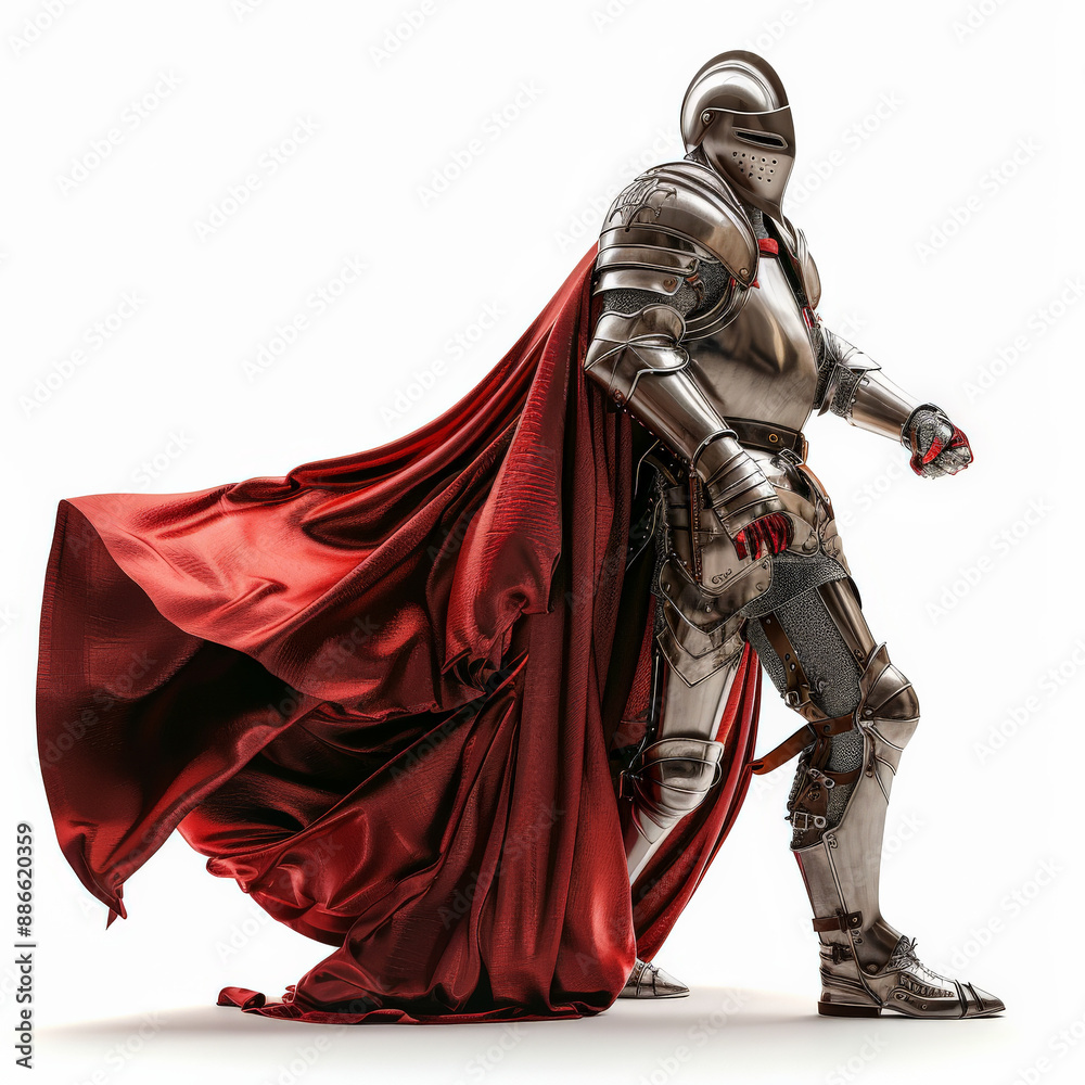 Fototapeta premium An armored knight in a dramatic pose, with a flowing cape and a shining helmet, isolated on white background.