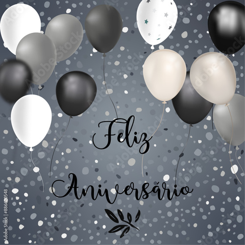 cartão ou banner para desejar feliz aniversário a preto sobre fundo cinzento com círculos e balões nas cores cinzento, preto e branco