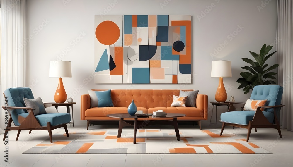 Sunny mid-century style interior living room design with abstract art in the background. Generative AI