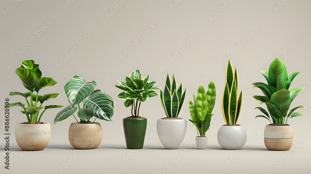 Assorted green potted plants in varying sizes and shapes, ordered by height Assorted green potted plants in varying sizes and shapes, ordered by height