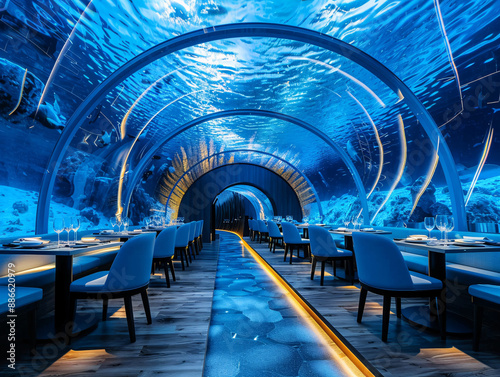 a restaurant with tables and chairs under water