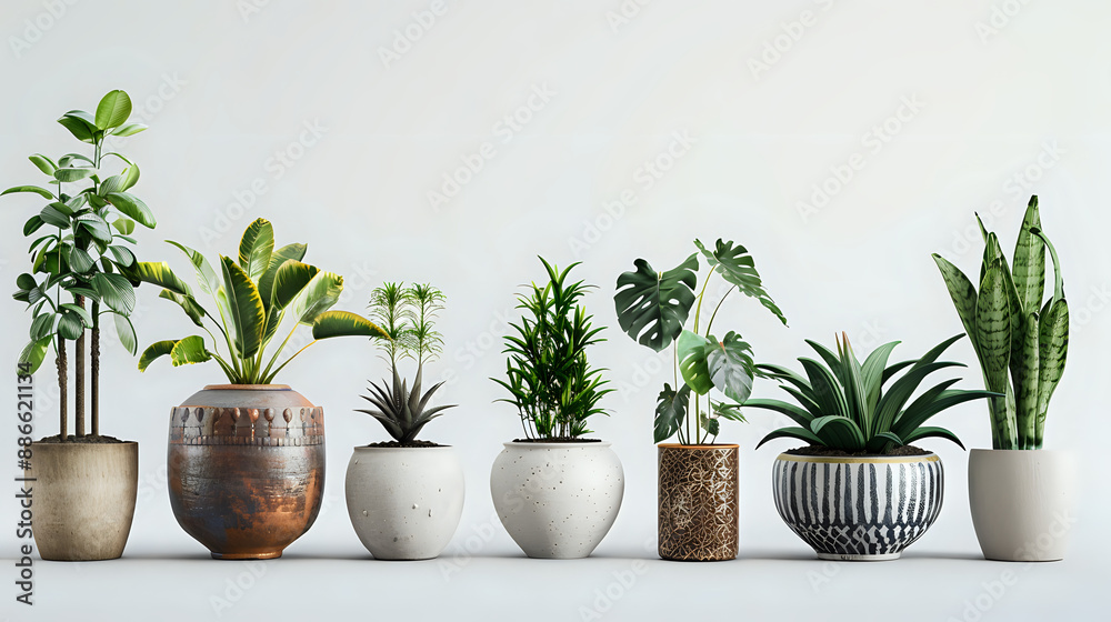 Row of green potted plants, diverse in size and shape, tallest in the center Row of green potted plants, diverse in size and shape, tallest in the center