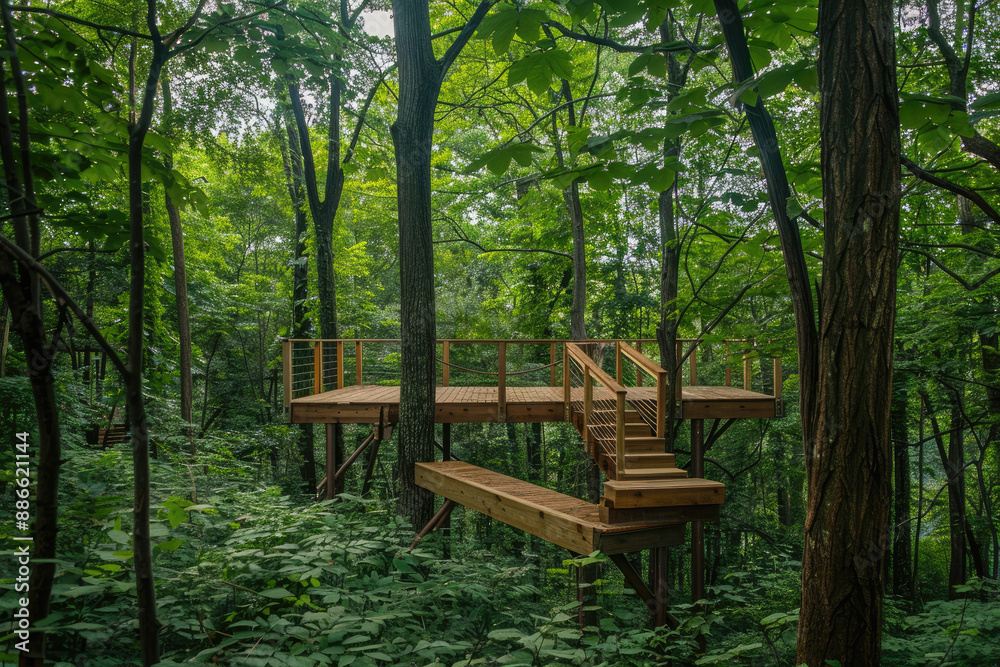 Wooden platform in forest with wildlife and tall trees Wooden platform in forest with wildlife and tall trees