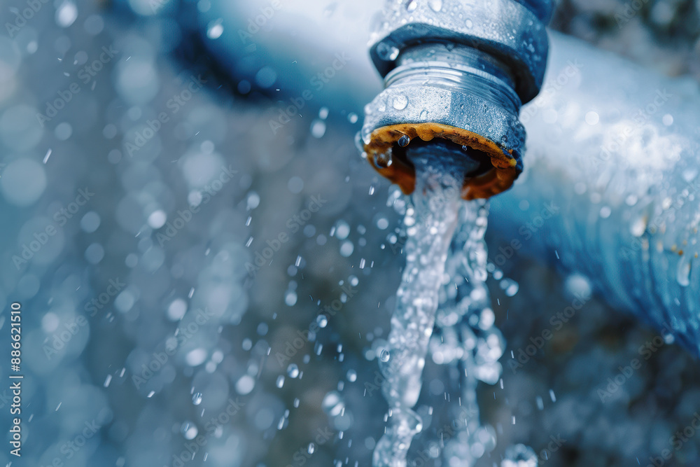 Close-up shot of water flowing from a tap, capturing droplets and motion, representing water usage, plumbing, and conservation. Close-up shot of water flowing from a tap, capturing droplets and motion, representing water usage, plumbing, and conservation.