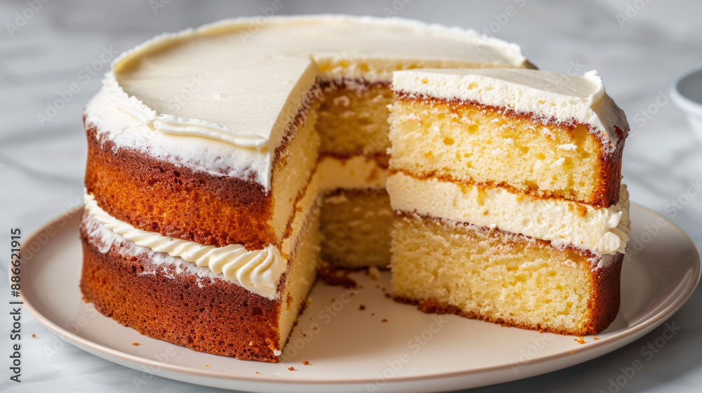Delicious homemade vanilla sponge cake with creamy white frosting, cut to reveal soft, moist layers, perfect for celebrations and dessert lovers. Delicious homemade vanilla sponge cake with creamy white frosting, cut to reveal soft, moist layers, perfect for celebrations and dessert lovers.
