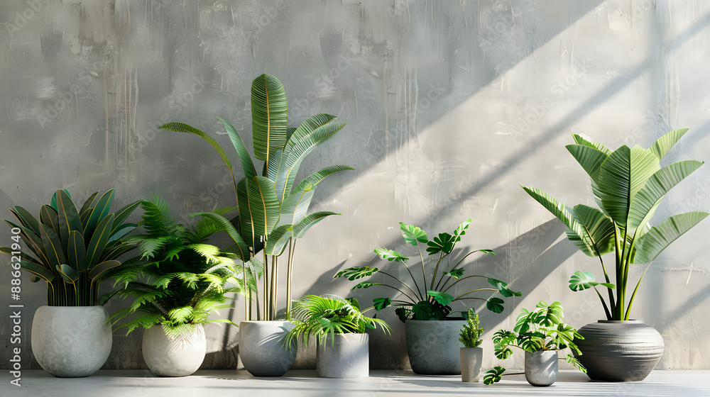 Assortment of potted plants with palm tree, fern, and cactus, aligned against a white wall Assortment of potted plants with palm tree, fern, and cactus, aligned against a white wall