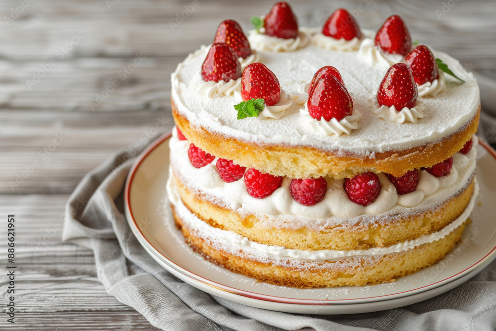 Delicious homemade strawberry shortcake with layers of fluffy sponge cake, fresh strawberries, and creamy whipped frosting, perfect for any occasion. Delicious homemade strawberry shortcake with layers of fluffy sponge cake, fresh strawberries, and creamy whipped frosting, perfect for any occasion.
