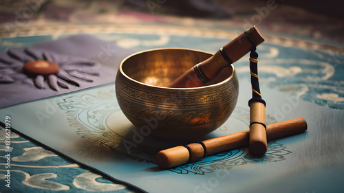 Singing bowl and wooden muhurta stick on a blue yoga mat, blurred background; serene meditation setting. photo