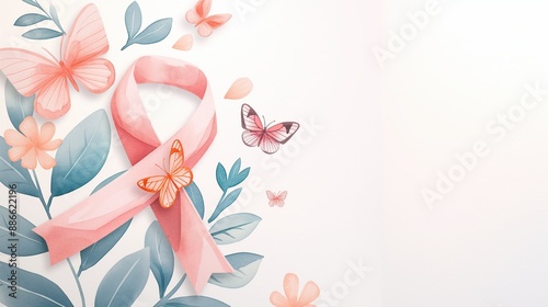 Wallpaper Mural a pink ribbon with butterflies, cancer awareness symbol, watercolor illustration, soft pastel colors, isolated on white background Torontodigital.ca