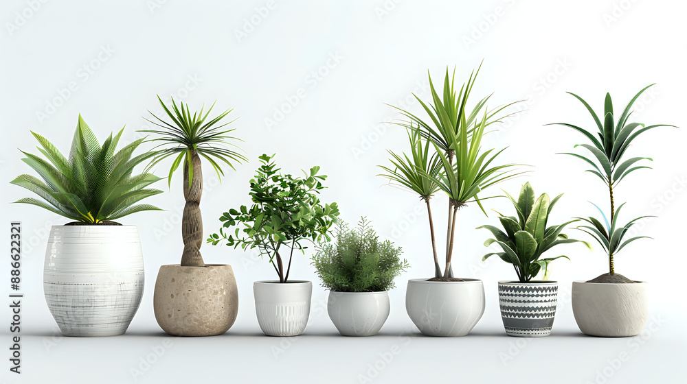 Diverse collection of potted plants such as palm tree, fern, and cactus, positioned against white backdrop Diverse collection of potted plants such as palm tree, fern, and cactus, positioned against white backdrop