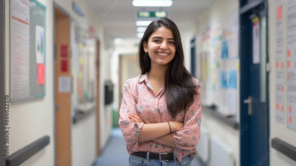 Confident Bangladeshi Female Student Smiling in Educational Corridor, Perfect for Print, Card, Poster