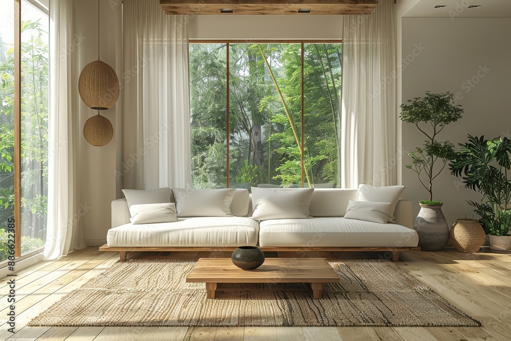 Fototapeta premium Contemporary Living Room A living room with a modern sofa, sleek coffee table, and minimalist decor. Include large windows and a neutral color palette