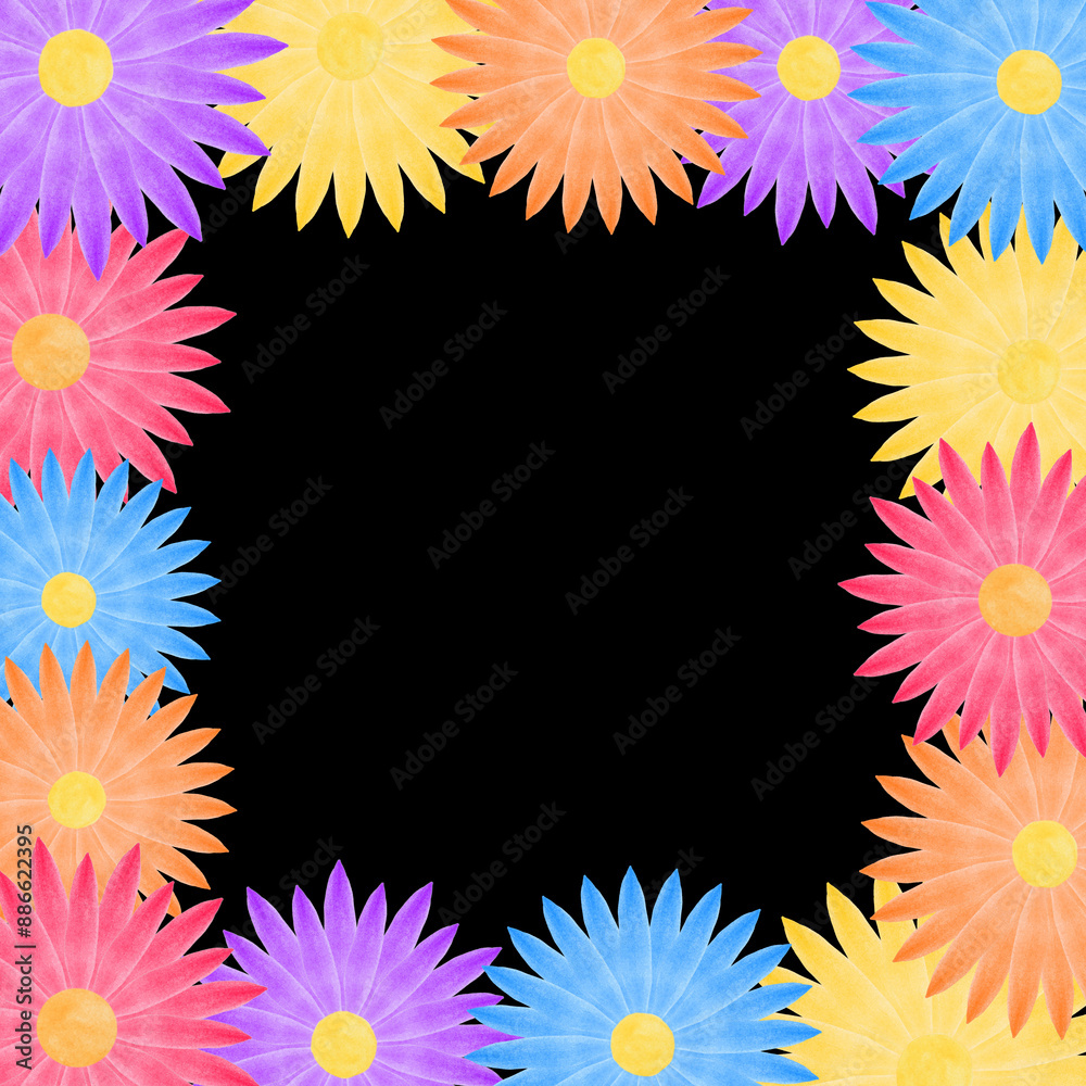 bright square frame with colorful flowers against black