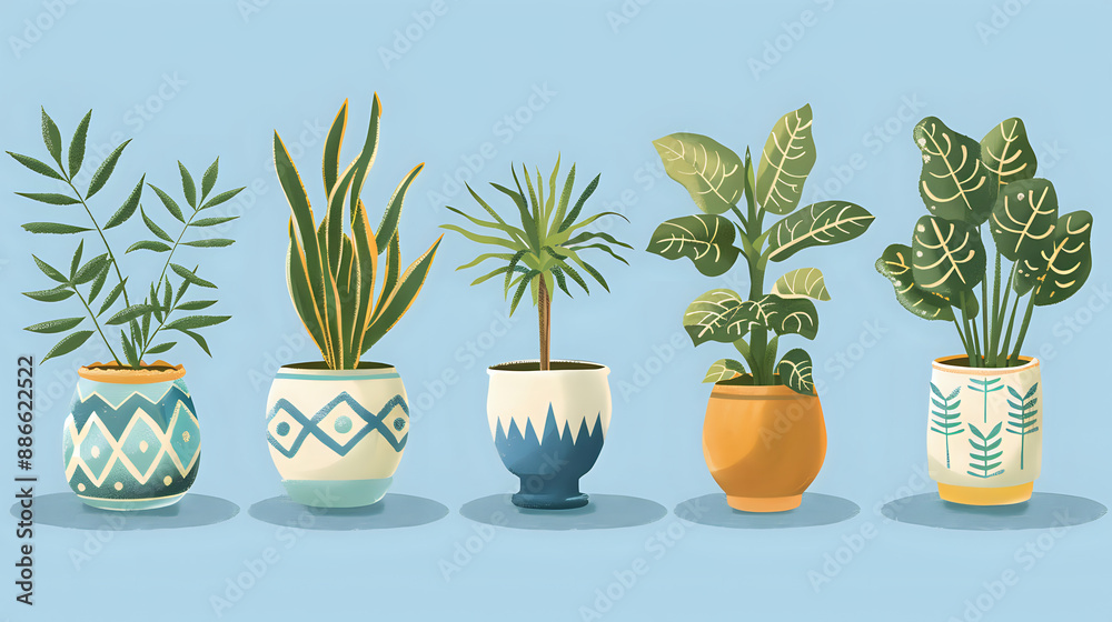 Fototapeta premium A row of potted plants with different shapes and sizes