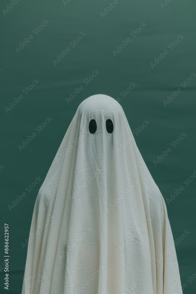 A mysterious figure dressed as a ghost with a white sheet over its body stands against a dark green background, evoking a sense of eerie Halloween atmosphere. A mysterious figure dressed as a ghost with a white sheet over its body stands against a dark green background, evoking a sense of eerie Halloween atmosphere.