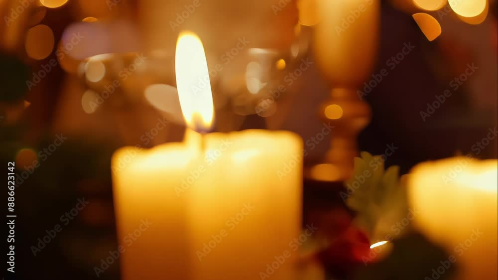Warm, festive room filled with the soft glow of numerous candles. In the background blurred figures enjoying the festive occasion Warm, festive room filled with the soft glow of numerous candles. In the background blurred figures enjoying the festive occasion