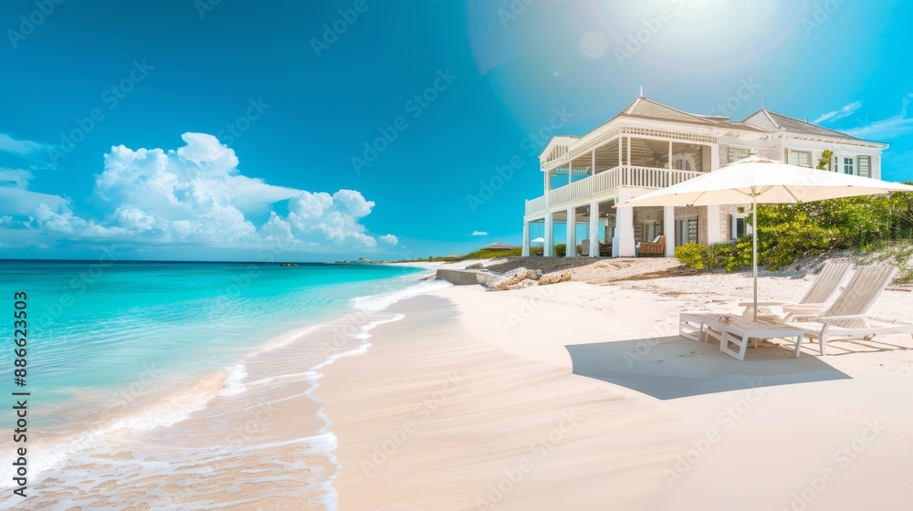 Obraz premium Tranquil Tropical Beach with Lounge Chair under Palm Trees
